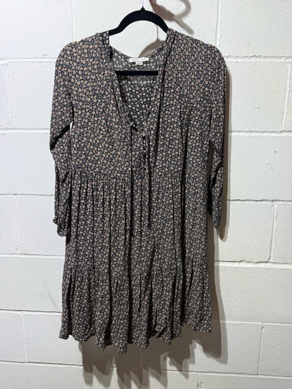 American Eagle Outfitters Black Floral Tie-Front Tiered Dress